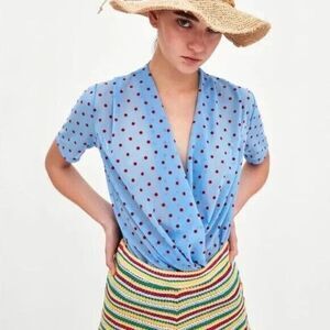 Zara Top S Womens Blue Chiffon Sheer Red Dots‎ Wrap Casual Short Sleeves Ladies